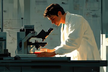A male scientist in a white lab coat intently uses a microscope for detailed examination of a red sample in a bright laboratory.