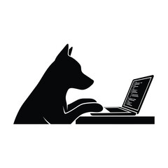 Silhouette of a dog typing on a laptop, the canine is focused on the screen, suggesting a humorous take on modern technology use