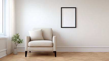 Minimal living room interior with armchair and blank frame