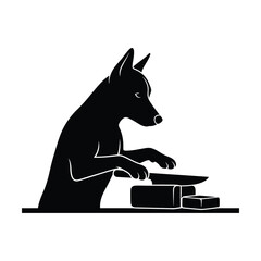 A whimsical illustration of a dog skillfully preparing food with a knife and pan, showcasing culinary talent and creativity