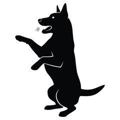 Silhouette of a dog standing on its hind legs, this black and white illustration depicts a dog standing and looking up with its mouth open