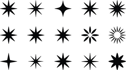 Collection of diverse black starburst and sparkle graphic elements on a white background