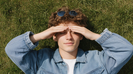 Young man shielding eyes from bright sunlight outdoors