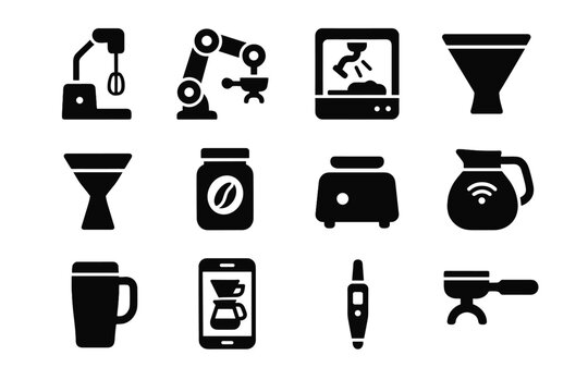 Brewing vector robot gadget machine caf reusable plate coffee arm icon app