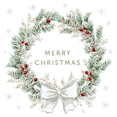 Christmas wreath with text, white background. Green fir twigs, holly with red berries, bow, snowflakes. Vector illustration. Nature design. Greeting card, poster, banner template. New Year holidays