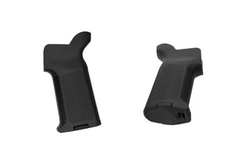 Two black synthetic rifle grips for firearms, isolated on a white back