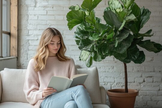 Young woman reads book on sofa. Large fiddle leaf fig plant beside her. Cozy, well-lit room with white brick wall.