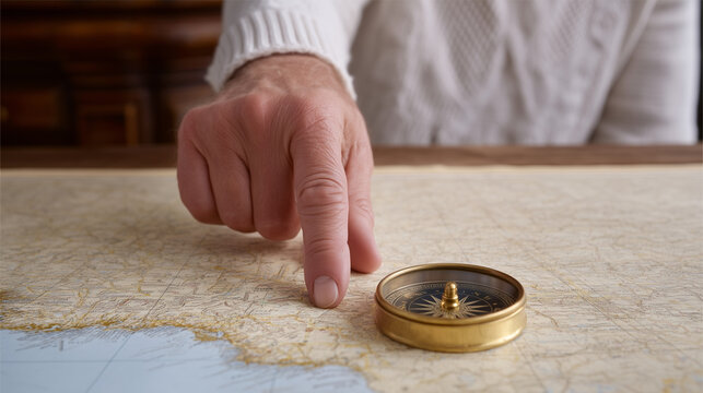 Hand pointing at vintage compass on map