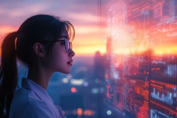 A young woman with glasses intently studies a vibrant holographic data display, silhouetted against a stunning sunset cityscape, reflecting futuristic technology.