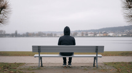 Person sitting alone on bench by lake in overcast weather