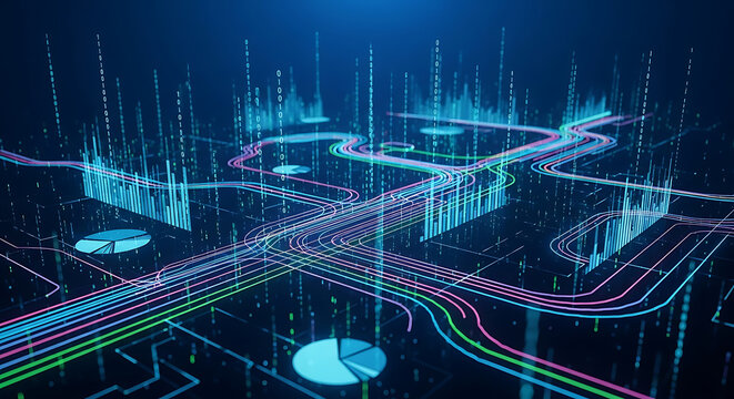 Abstract visualization of a digital network with data streams, graphs, and charts representing information and technology