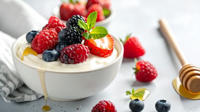 Bowl of Creamy Quark Cheese Topped with Fresh Berries and Dripping Honey Drizzle