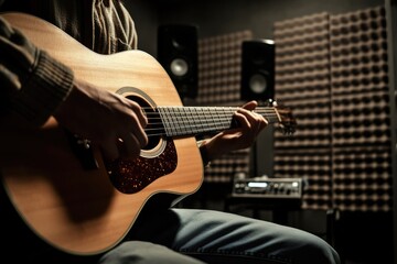A musician intensely plays an acoustic guitar in a professional recording studio, surrounded by sound-dampening panels and audio equipment, creating music.