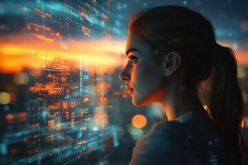 A woman gazes at a glowing holographic interface, immersed in complex digital data and futuristic city lights. She contemplates technology's vast interconnectedness.