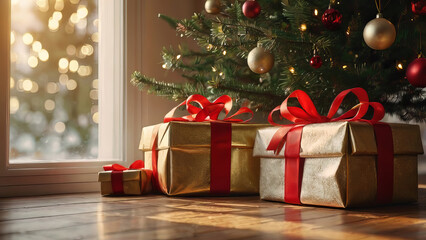 Close-up of luxurious gold-wrapped gifts with satin ribbons beneath a Christmas tree. Matching baubles and glitter textures shimmer against a soft bokeh background.