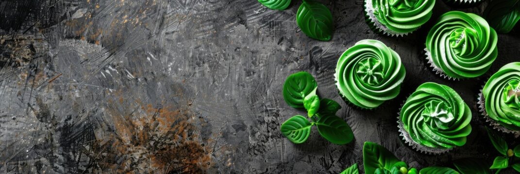 Green cupcakes decorated with swirls of icing, placed on a dark textured surface. Festive baked treats for Nigeria Independence Day, horizontal banner, copy space, free space for text - Powered by Adobe