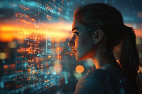 A woman gazes at a glowing holographic interface, immersed in complex digital data and futuristic city lights. She contemplates technology's vast interconnectedness.