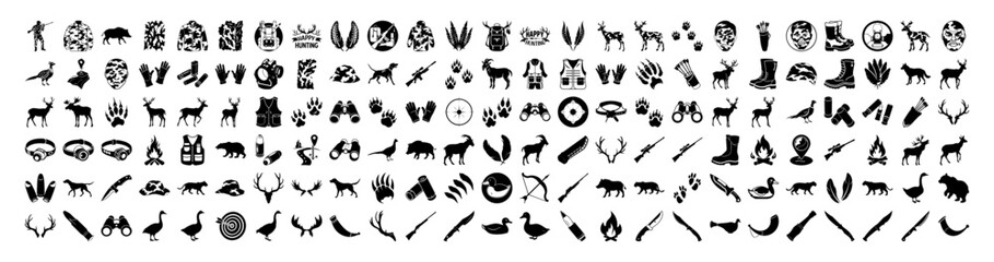 Fototapeta premium Extensive collection of detailed black icons showcasing a wide variety of animals, wildlife, and related elements, all isolated on a, perfect for nature and zoology related projects