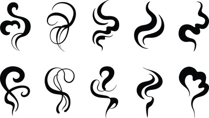 Collection of abstract black swirling lines representing smoke or steam on a white background