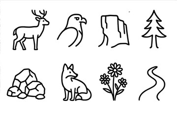 Fototapeta premium Wildlife Plateau Icons. Line style icons of Wildlife Plateau: Deer, Eagle, Cliff, Pine Tree, Rock Outcrop, Fox, Wildflowers, Trail