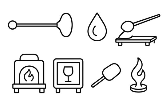 Glassblowing Icons Collection. Line style icons of Glassblowing: Pontil, Blowpipe, Molten Glass, Marver, Furnace, Annealing Oven,
