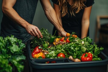 A couple sorts kitchen scraps and fresh produce into a composting bin, practicing sustainable living and organic waste recycling.