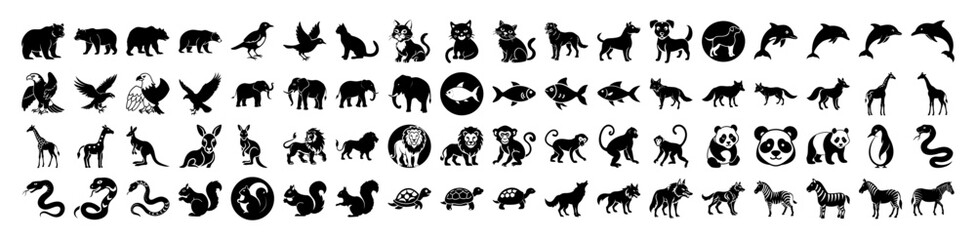 Collection of animal silhouette icons, including mammals, birds, and fish