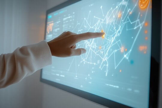 A hand interacts with a large, glowing touchscreen displaying a complex data network. It symbolizes advanced interactive technology, data visualization, and digital solutions.