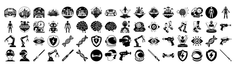 Collection of futuristic technology and science icons, including robots, brains, dna, and medical symbols