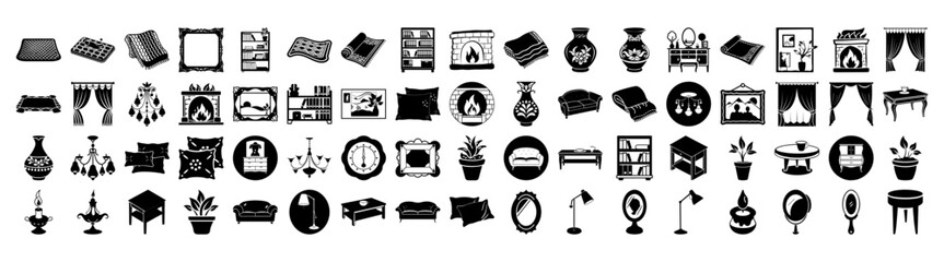 Assortment of interior design and home decor elements, featuring furniture, lighting, and decorative objects