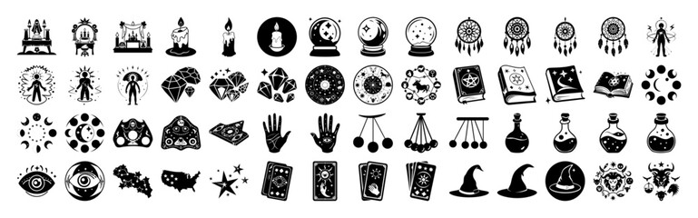 Mystical and magical symbols collection, including crystal balls, spell books, potions, and witch hats