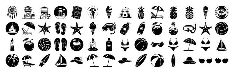 Collection of summer vacation and beach icons, including sunglasses, swimsuits, beach balls, surfboards, umbrellas, pineapples, ice cream, and more, all isolated on a