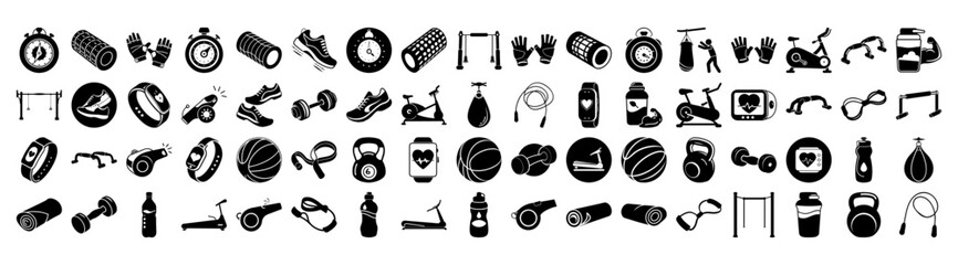 A comprehensive set of black icons related to fitness and sports, including gym equipment, exercise activities, and healthrelated symbols, isolated on a
