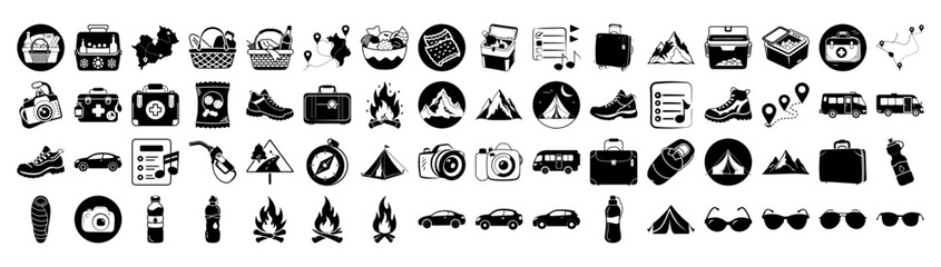 Bundle of camping and outdoor adventure icons, including tents, backpacks, campfires, cars, hiking boots, compasses, cameras, and suitcases, all isolated on a