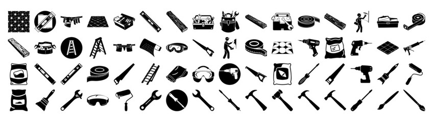 A comprehensive set of black icons depicting various construction and diy tools, including hammers, saws, drills, wrenches, and safety equipment, presented on a clean