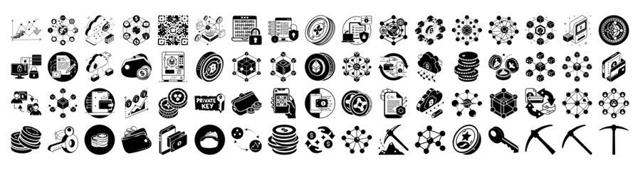 A collection of black and white icons representing various concepts related to technology, finance, and business, including blockchain, cryptocurrency, mining, and data analysis, presented on a