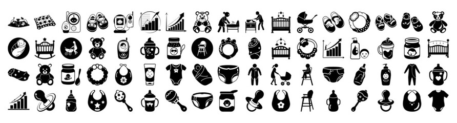 An extensive collection of black and white icons related to babies and childcare, featuring items like cribs, strollers, diapers, bottles, and clothing, presented on a
