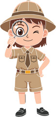child, safari, explorer, cartoon, illustration, vector, design, lifestyle, childhood, adventure, discovery, exploration, magnifying, glass, nature, study, activity, concept, curiosity, education, play