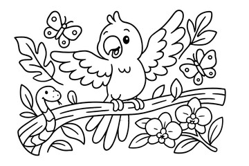 Naklejka premium Jungle Parrot Scene. Cheerful parrot spreading wings on a jungle branch with butterflies, snakes, and orchids, black and white