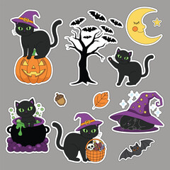Halloween sticker set featuring a black cat. Vector illustration.