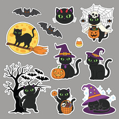 Halloween sticker set featuring a black cat. Vector illustration.