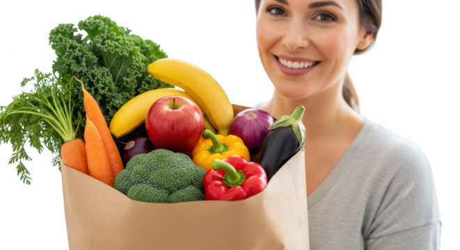 Smiling woman holding paper bag full of fresh healthy groceries and vegetables transparent background - Powered by Adobe