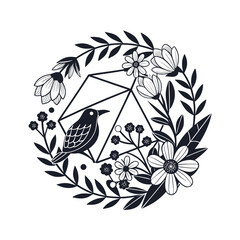 Intricate dark floral wreath design with subtle botanical elements and leaves isolated on transparent background