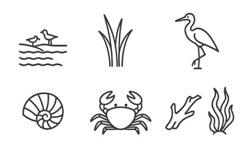 Fototapeta premium Coastal Wetland Icons. Line style icons of Coastal Wetland: Tidal Flats, Salt Marsh Grass, Crab, Wading Bird, Shell, Pond,