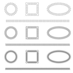 Set of vector frames from zippers. Circle. Square. Oval. Line. For Ideal   designs. Vector illustration. Set of different zippers on a white background.