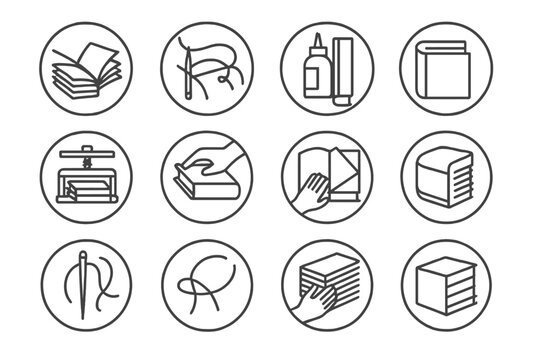 Bookbinding Process Icons. Line style icons of bookbinding processes in round shape: folding signatures, sewing folios, gluing