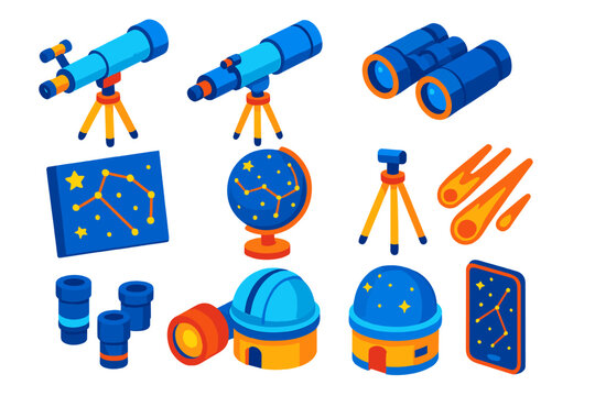 Astronomy Icon Set. Isometric vector illustration set Astronomy Observation Icons: refractor telescope, reflector telescope,