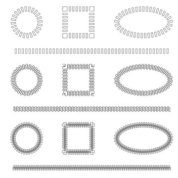 Set of vector frames from zippers. Circle. Square. Oval. Line. For Ideal   designs. Vector illustration. Set of different zippers on a white background.