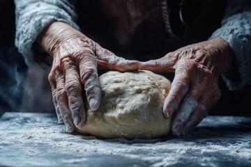 Elderly hands, covered in flour, skillfully knead a soft ball of dough, evoking warmth, tradition, and the art of baking homemade bread.