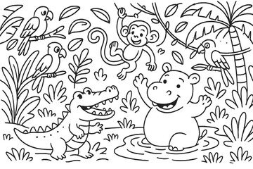 Playful Jungle Animals. Whimsical jungle scene with crocodile, hippo, monkeys, and parrots all playing together, black and white